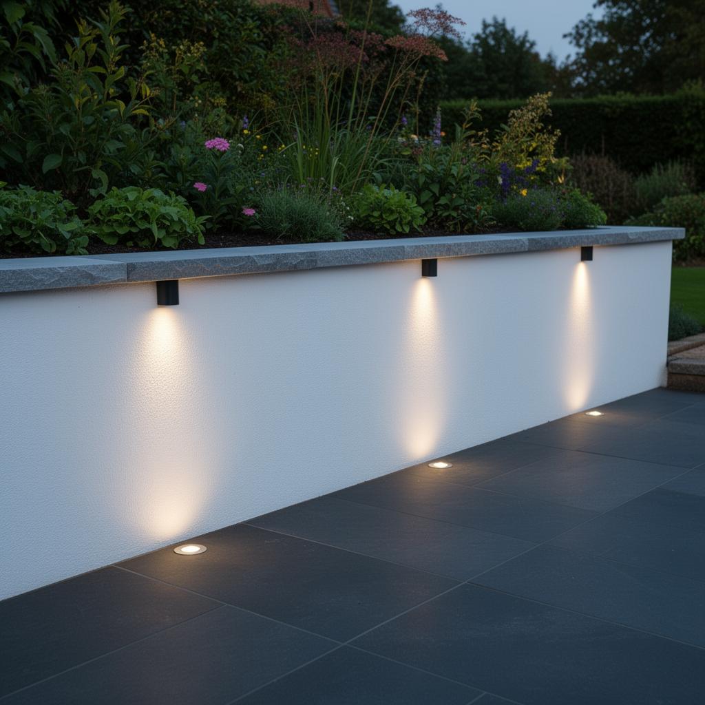 Illuminated rendered garden wall